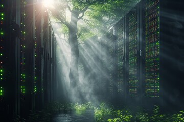 Green data center in the middle of the forest with sun rays shining through the trees