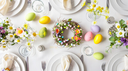 Easter holiday table setting with Easter eggs, flowers and decoration, top view