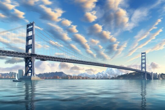 Golden Gate Bridge in San Francisco Bay with a beautiful cityscape and mountain range in the background