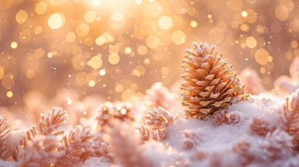 Foto auf Alu-Dibond Snowy pine cones with blurred golden lights in the background © Adobe Contributor