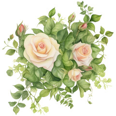 Watercolor green bushy hedge with roses, isolated on transparent background