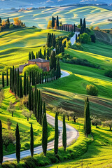 Fototapeta premium Italian cypress trees rows and a white road rural landscape. Siena, Tuscany, Italy