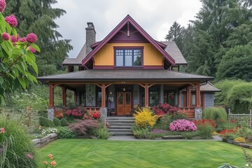 Fototapeta na wymiar Colorful Craftsman-Style Bungalow with a welcoming front porch