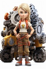 A blonde girl standing in front of a steampunk vehicle