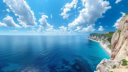 Rocky cliff coast panorama with beautiful blue sea and white clouds in 4k resolution - obrazy, fototapety, plakaty