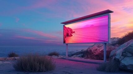 A billboard stands on the beach at sunset