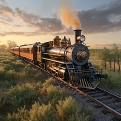 Fototapeta premium A steam locomotive train travels through a rural landscape at sunset