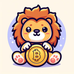 Obraz na płótnie Canvas A regal cartoon lion, perched gracefully upon a gleaming bitcoin coin, exudes an air of opulence. A symbol of the adorable Cute baby Lion crypto coin logo.