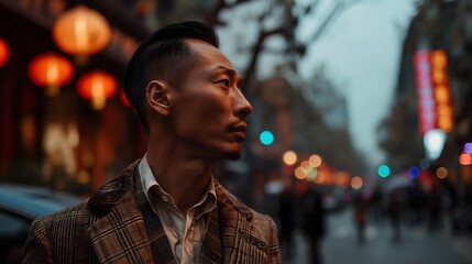 Asian man at urban street background