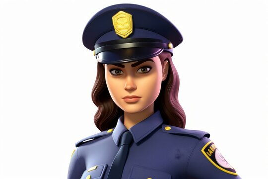 A policewoman with long brown hair and brown eyes is wearing a police uniform and a hat with a badge that says LAPD.