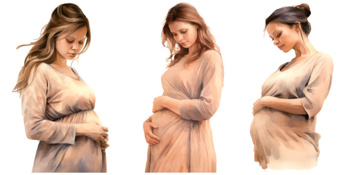 Set of watercolor illustration of a pregnant woman in beige tones, isolated on transparent background