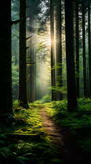 Breathtaking Forest Scenery: A Mesmerising Dance of Sunlight and Shade Across Lush Green Ferns  and Towering Trees