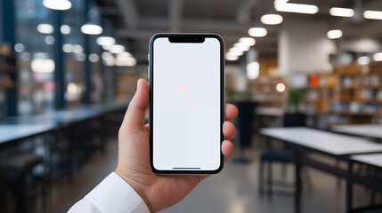 A close-up shot of a businessman's hand holding a smart phone, the device's screen blank.