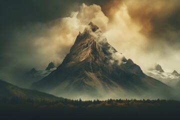 Mystical mountain landscape with a towering peak shrouded in mist and clouds