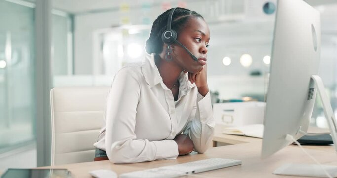 Call center, burnout and bored black woman in office consulting for crm, faq or customer support. Telemarketing, depression or African consultant annoyed by online client, crisis or pc, glitch or 404