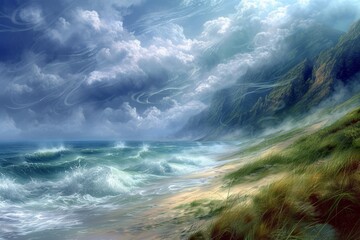 Beach and mountain landscape with stormy sea