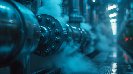 A closeup shot of an electric blue pipe emitting smoke in a factory