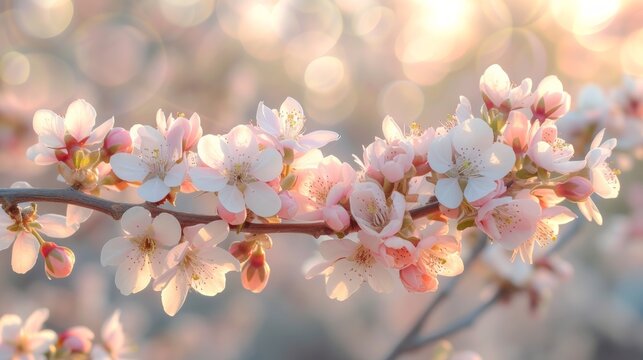 Close-up image of beautiful white and pink cherry blossoms in full bloom against a blurred background of sunlight and bokeh