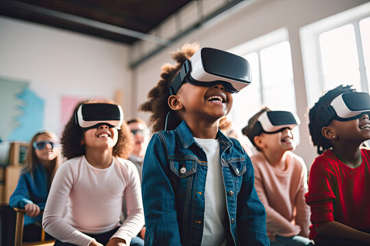 School children wearing VR virtual reality headsets in a classroom