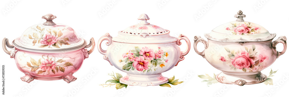 Wall mural Set of watercolor pretty shabby chic tureen, isolated on transparent background