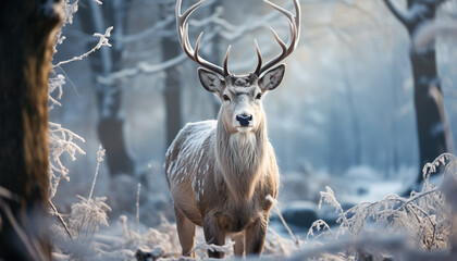 Cute deer in winter forest, looking at the snowy landscape generated by AI