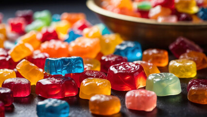 Beautiful advertising photo, multi-colored transparent marmalades scattered on the table. Delicious jelly sweets, sugar.