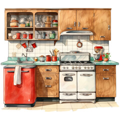 Watercolor retro kitchen, isolated on transparent background