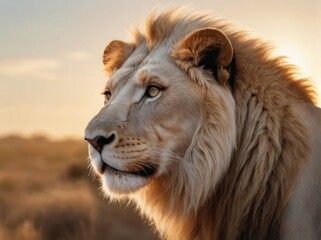 close up portrait of a lion in the wild at sunset. wildlife