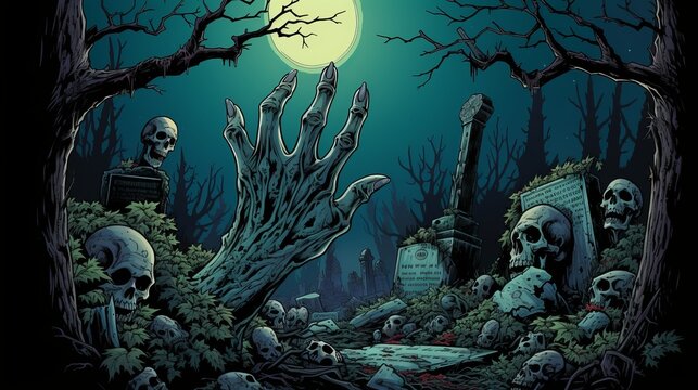 A spooky illustration of a zombie hand emerging from a graveyard
