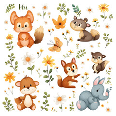 Cute animals with daisy flowers sticker style on transparent background - Ai generated