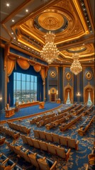 Obraz premium Empty conference room with blue and gold interior design