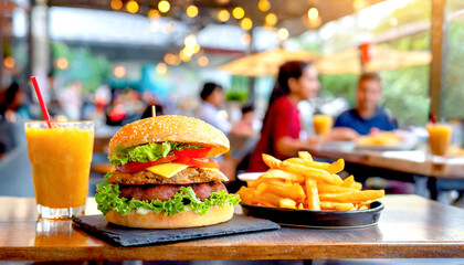 Hamburger mit Pommes im Vordergrund, ein Restaurant Aussengastronomie und glücklichen Menschen im Hintergrund  - obrazy, fototapety, plakaty