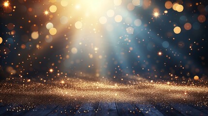 Golden glitter background with shiny lights. Golden particles and dust. Magic and luxury concept.
