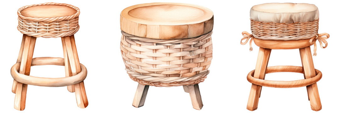Set of Watercolor stool in basket look boho style, neutral colors, isolated on transparent background