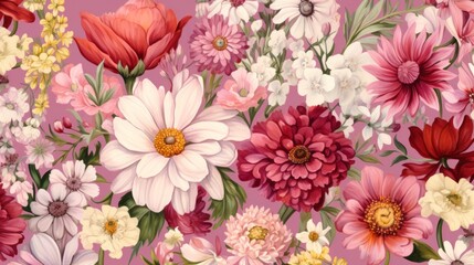 Pink floral background with various flowers