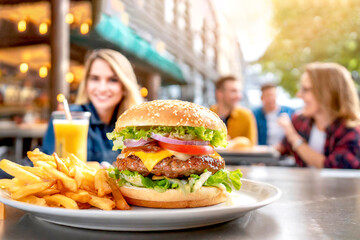 Hamburger mit Pommes im Vordergrund, ein Restaurant Aussengastronomie und glücklichen Menschen im Hintergrund 