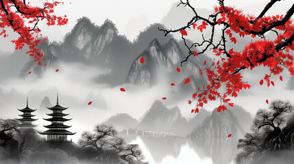 Monochromatic Eastern Landscape with Autumn Leaves and Pagodas