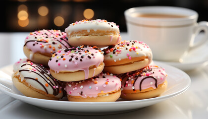 Obraz na płótnie Canvas Indulgent dessert stack donut, cookie, candy, chocolate, strawberry, milk generated by AI