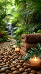 Spa background with towels and candles in tropical setting