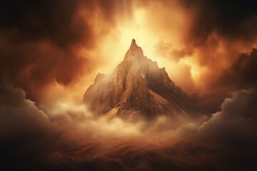 Fantasy landscape with a single mountain peak rising above the clouds