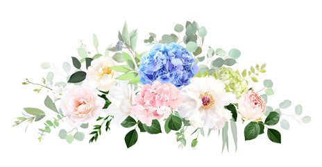 Blue, pink, green hydrangea flowers, white peony, salal, emerald greenery and eucalyptus wedding vector bouquet - obrazy, fototapety, plakaty