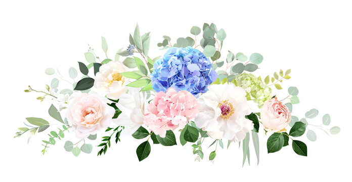 Blue, pink, green hydrangea flowers, white peony, salal, emerald greenery and eucalyptus wedding vector bouquet