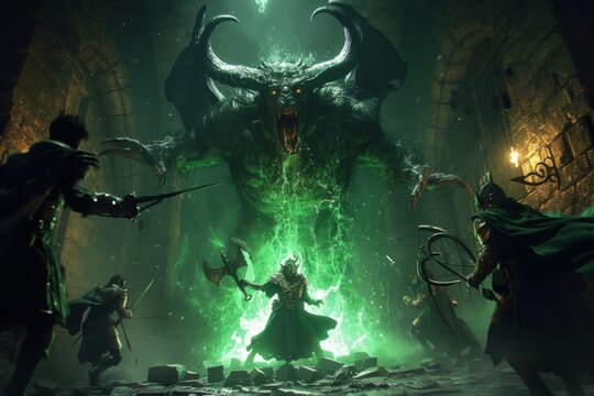A group of adventurers fighting a demon in a dungeon