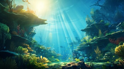 Underwater coral reef scene with various species of fish swimming around