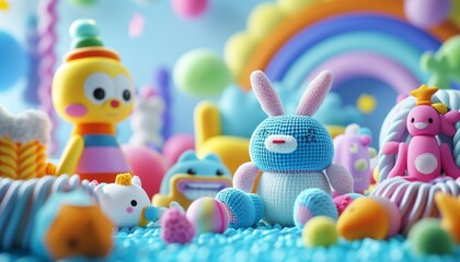 An adorable 8k image featuring a colorful assortment of soft baby toys, designed with gentle textures and vibrant hues to stimulate a baby's senses and encourage exploration