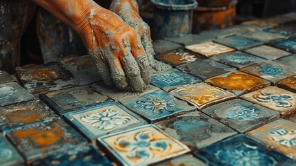 The skilled hands of an artisan carefully applying grout between individual tiles ensuring a perfect finish that highlights the beauty of the handcrafted pieces.