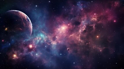 Interstellar space travel through a pink and purple nebula with a planet in the foreground - obrazy, fototapety, plakaty