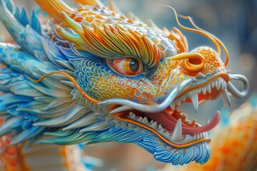 A close-up of a colorful and majestic dragon with intricate details and vibrant colors - obrazy, fototapety, plakaty