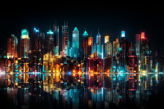 A stunning illustration of a futuristic city at night with skyscrapers and colorful lights reflecting in the water