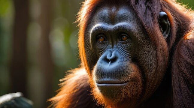 close up portrait of a orangutan in the wild. wildlife